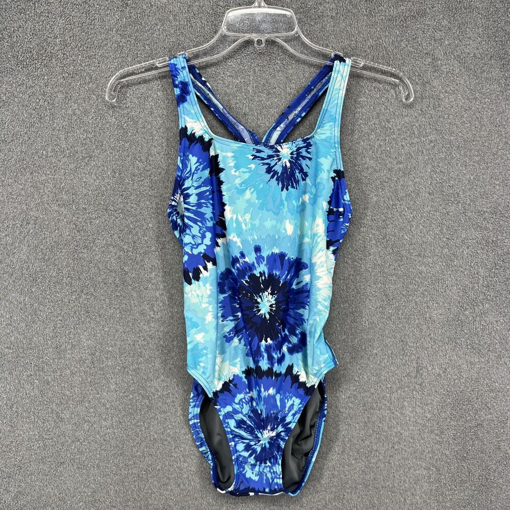 Speedo PowerFLEX Eco Swimsuit Womens 6 Blue Tie Dye One Piece Crossback Swimwear